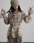DOINDULGE Gathered High-Neck Botanical Print Long Sleeve Blouse