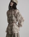 DOINDULGE Gathered High-Neck Botanical Print Long Sleeve Blouse