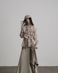 DOINDULGE Gathered High-Neck Botanical Print Long Sleeve Blouse