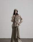 DOINDULGE Gathered High-Neck Botanical Print Long Sleeve Blouse