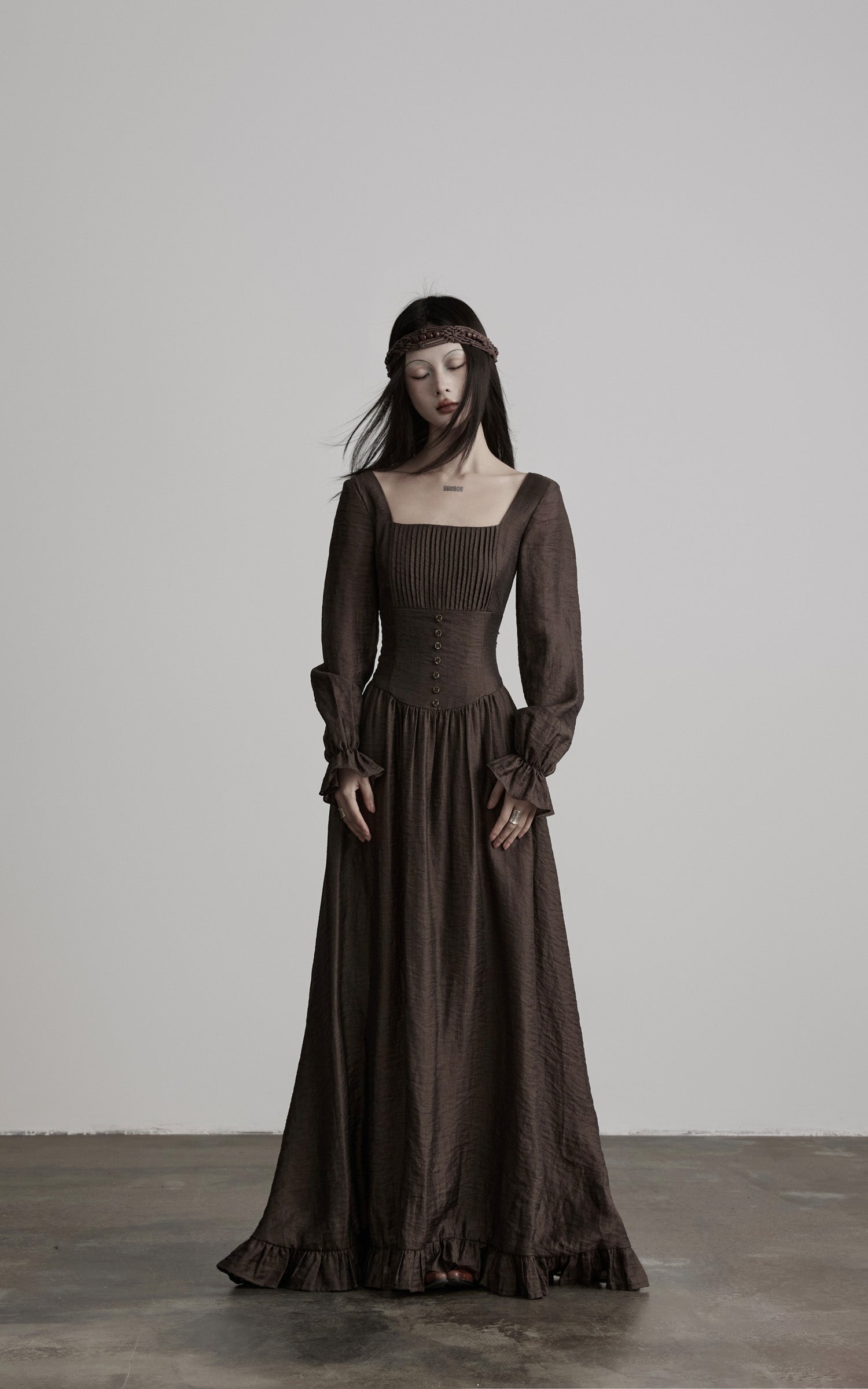 DOINDULGE Pleated Corset Waist Long Sleeve Maxi Dress