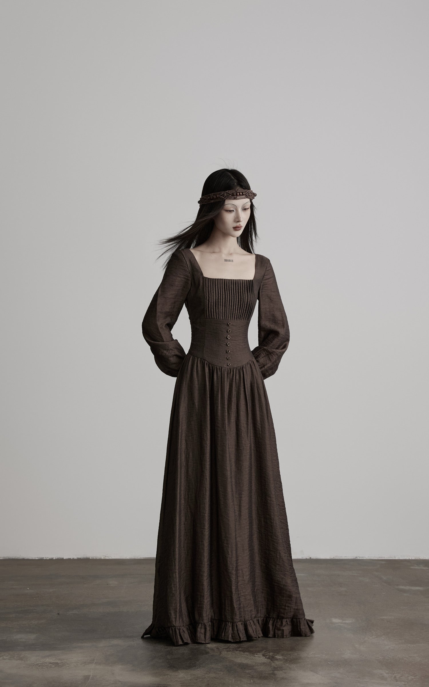 DOINDULGE Pleated Corset Waist Long Sleeve Maxi Dress