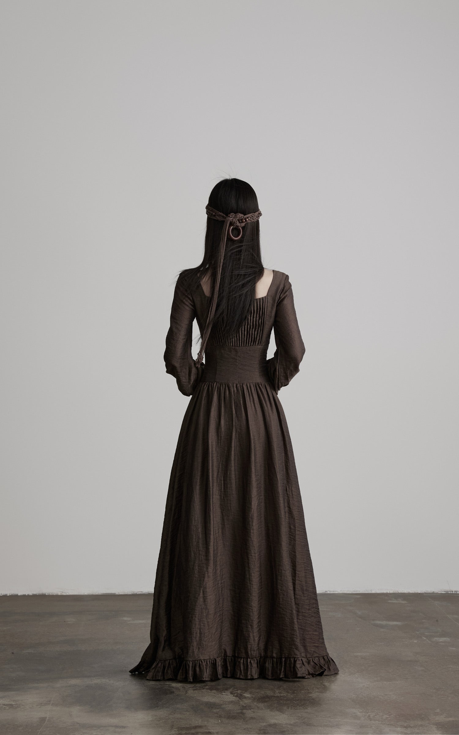 DOINDULGE Pleated Corset Waist Long Sleeve Maxi Dress