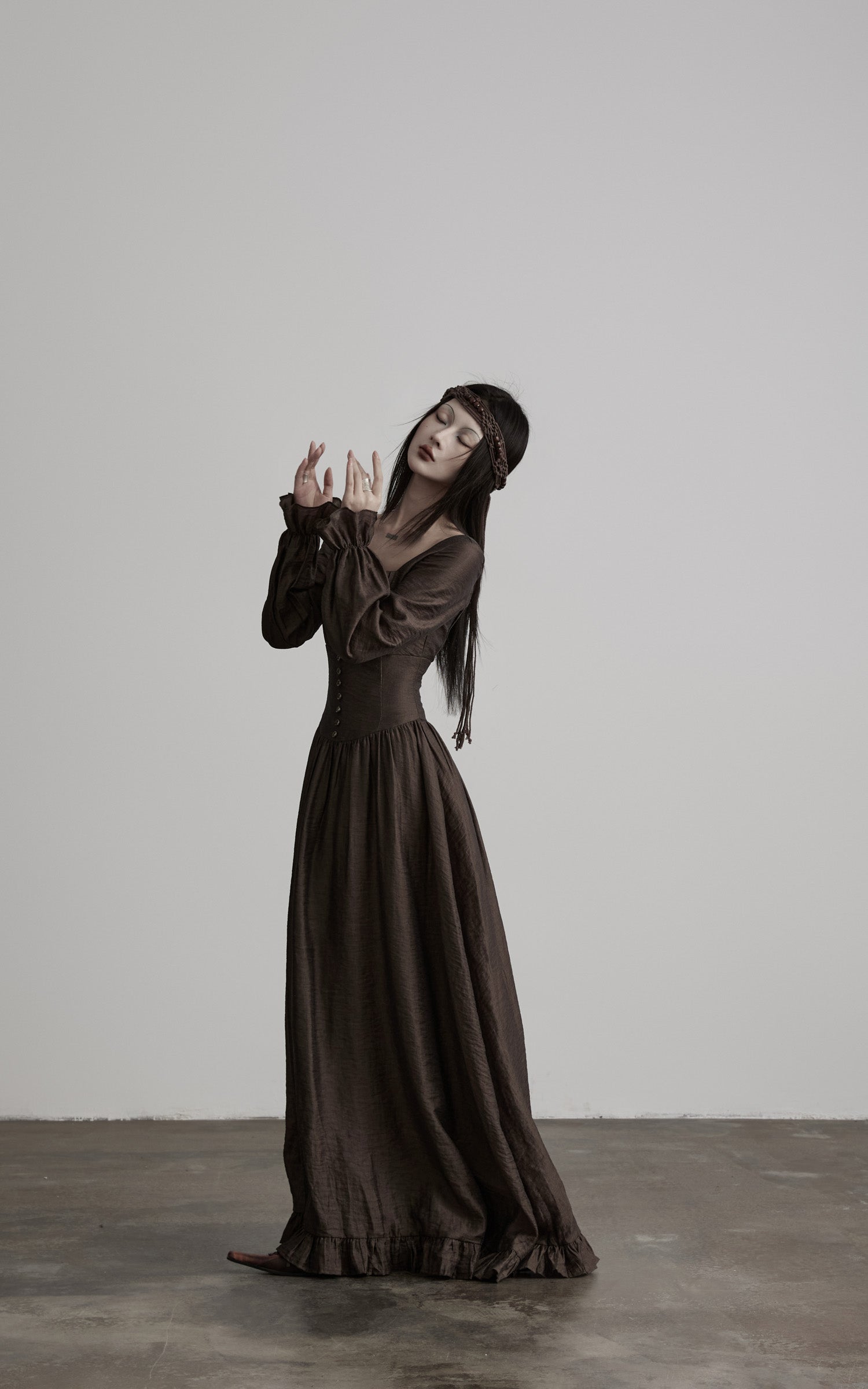DOINDULGE Pleated Corset Waist Long Sleeve Maxi Dress