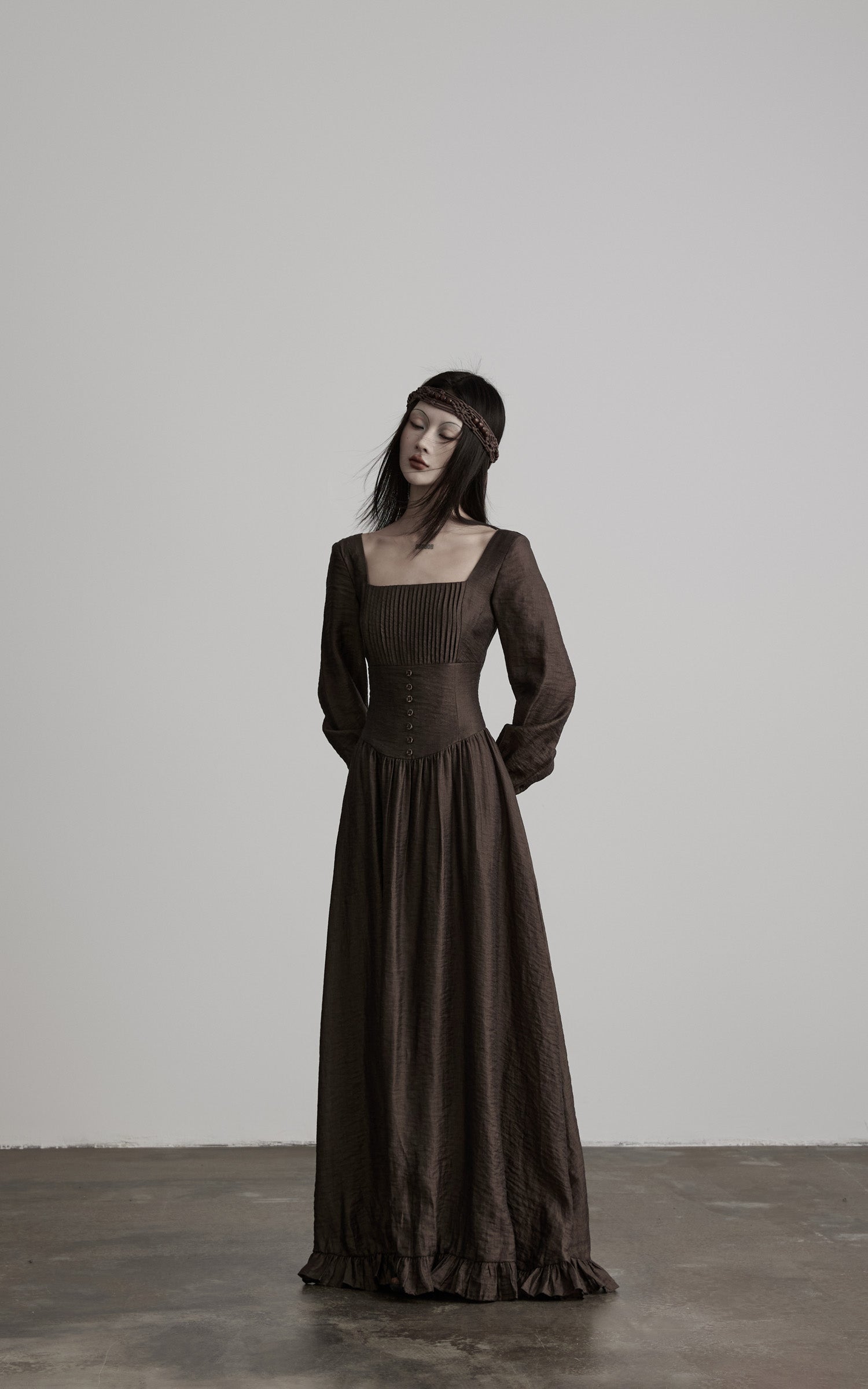 DOINDULGE Pleated Corset Waist Long Sleeve Maxi Dress