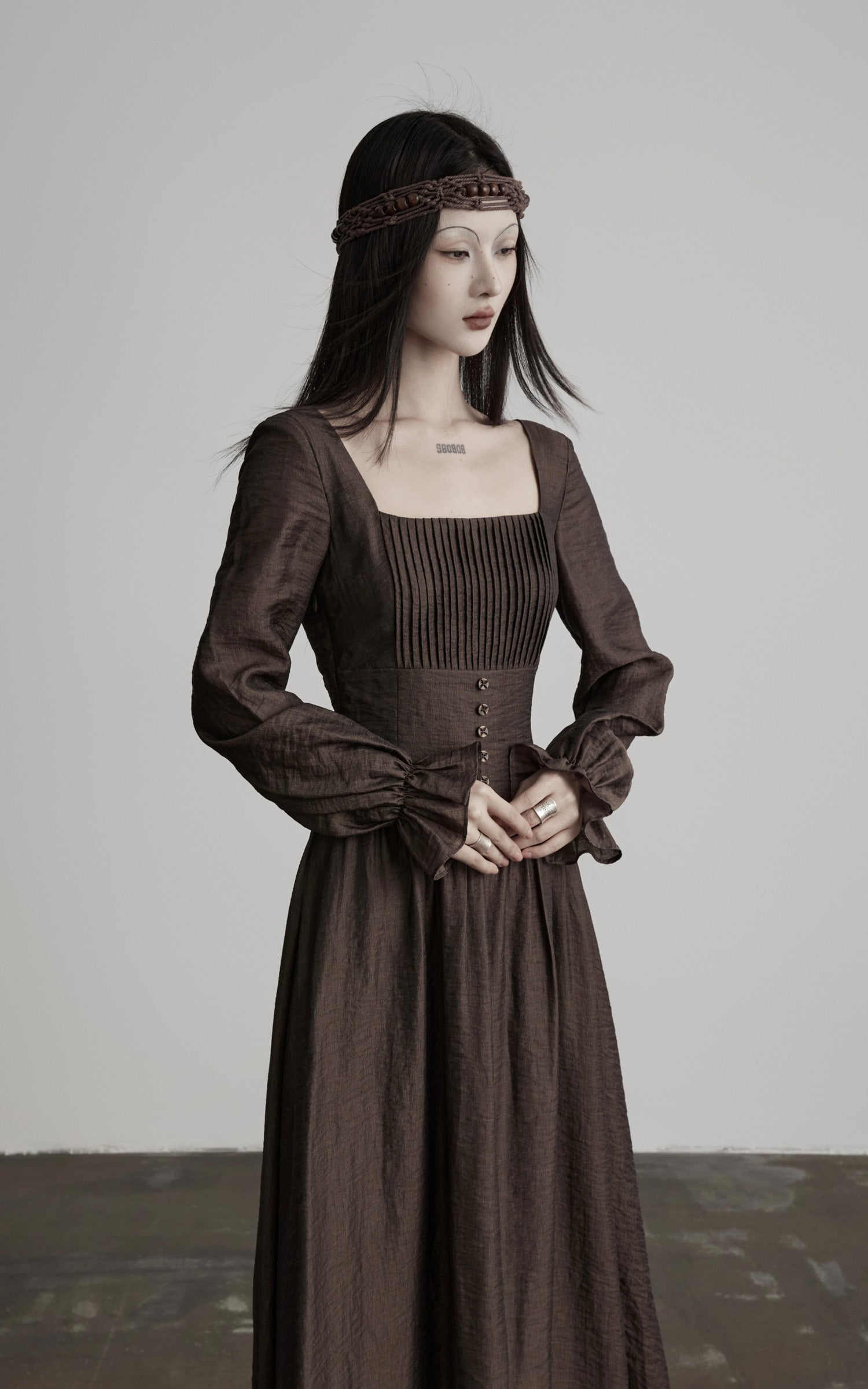 DOINDULGE Pleated Corset Waist Long Sleeve Maxi Dress