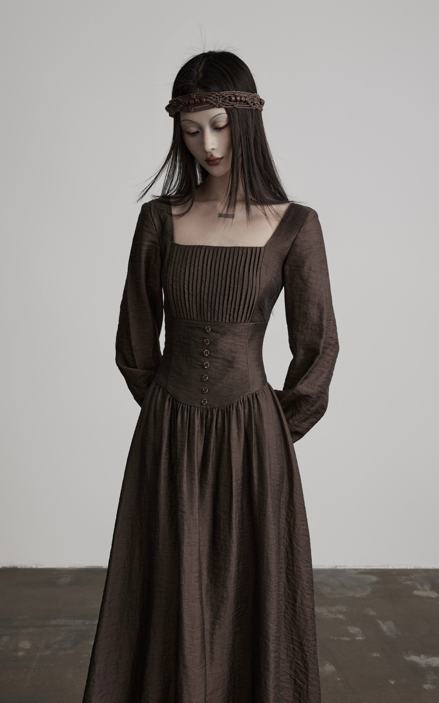 DOINDULGE Pleated Corset Waist Long Sleeve Maxi Dress