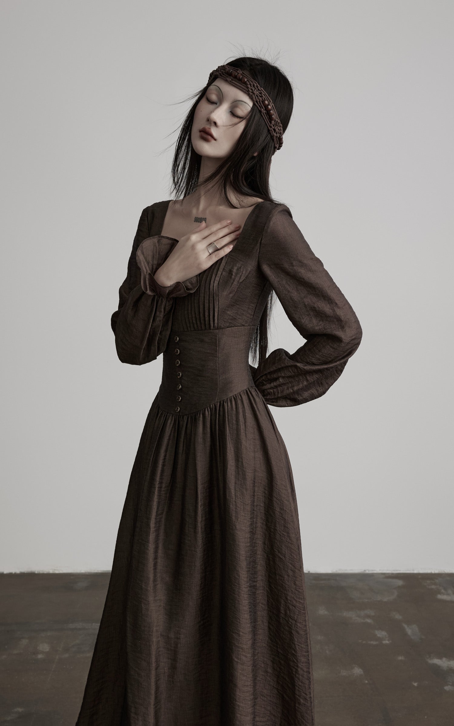 DOINDULGE Pleated Corset Waist Long Sleeve Maxi Dress