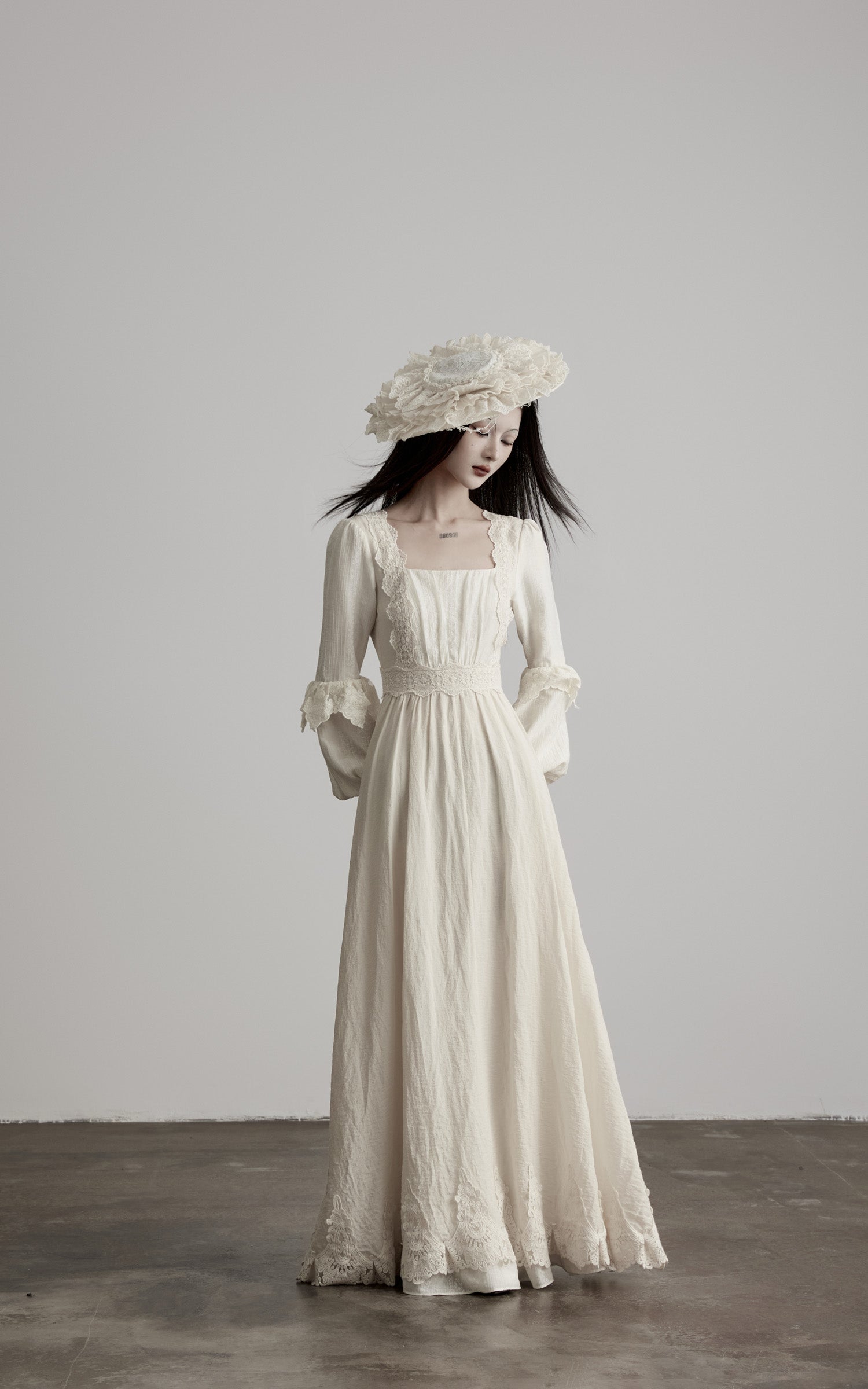 DOINDULGE Lace Structured Square Neck Long Dress