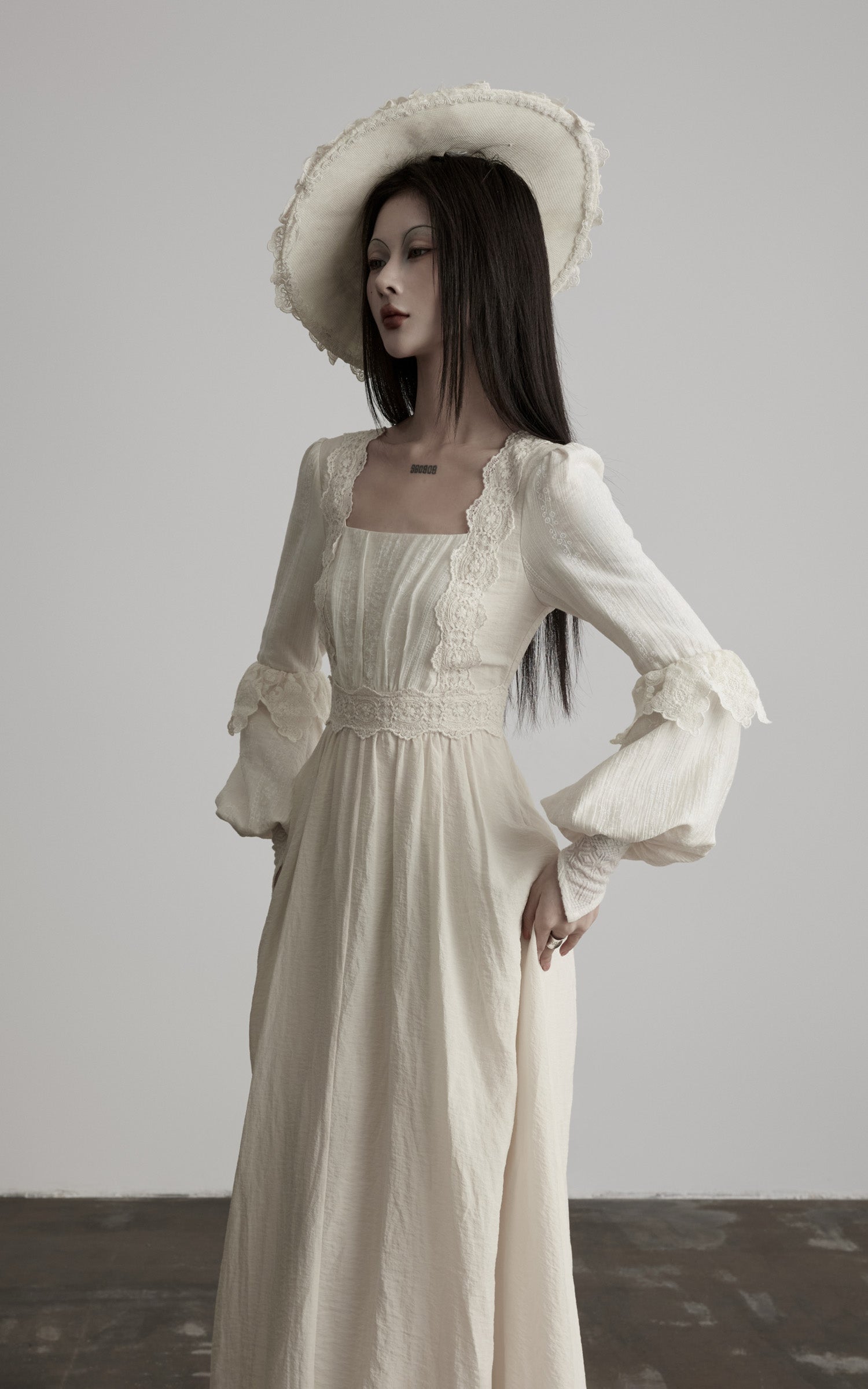 DOINDULGE Lace Structured Square Neck Long Dress
