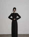 DOINDULGE Pleated Panel Braided Waist Long Sleeve Sculptural Maxi Dress
