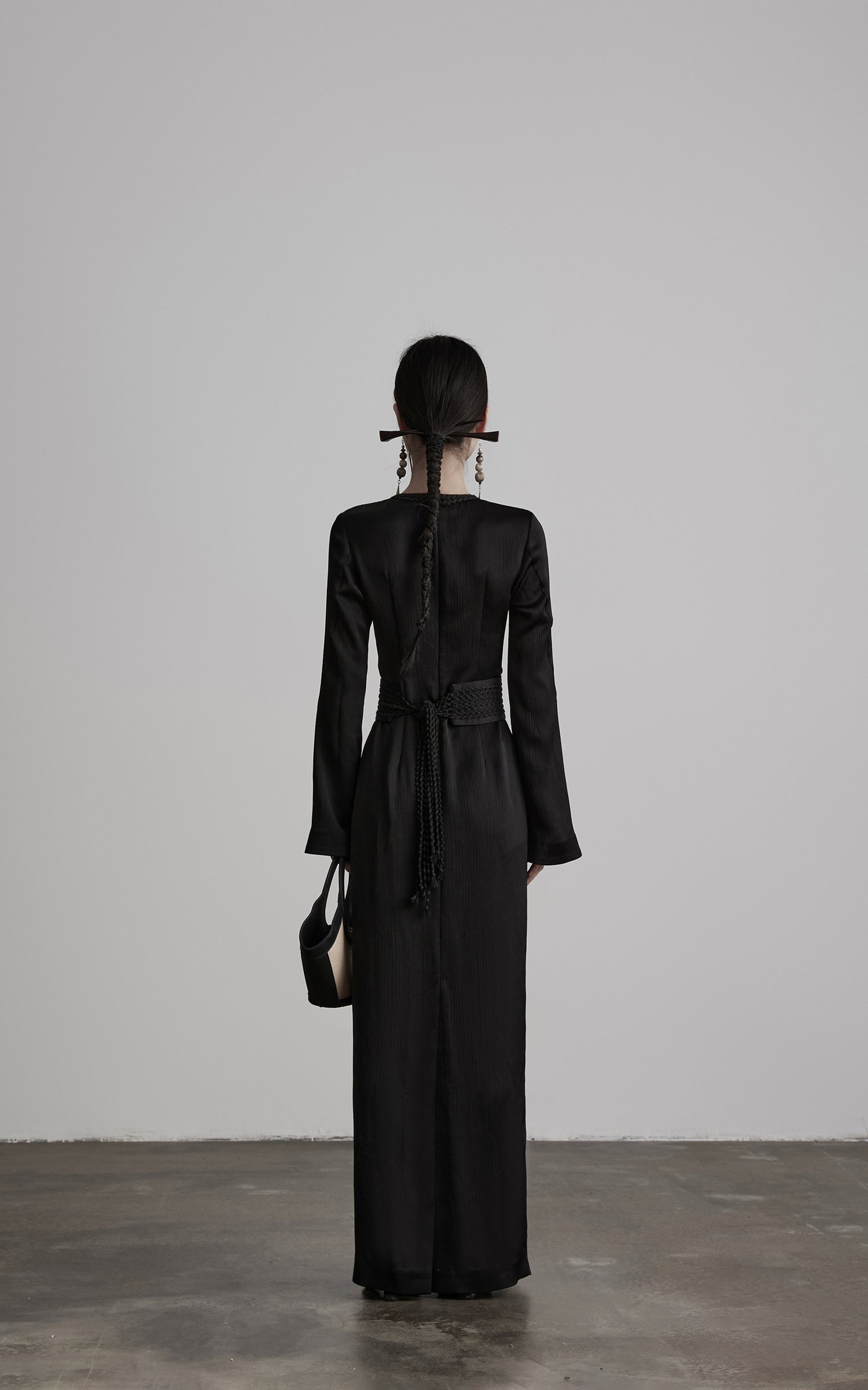 DOINDULGE Pleated Panel Braided Waist Long Sleeve Sculptural Maxi Dress