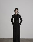DOINDULGE Pleated Panel Braided Waist Long Sleeve Sculptural Maxi Dress