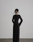 DOINDULGE Pleated Panel Braided Waist Long Sleeve Sculptural Maxi Dress