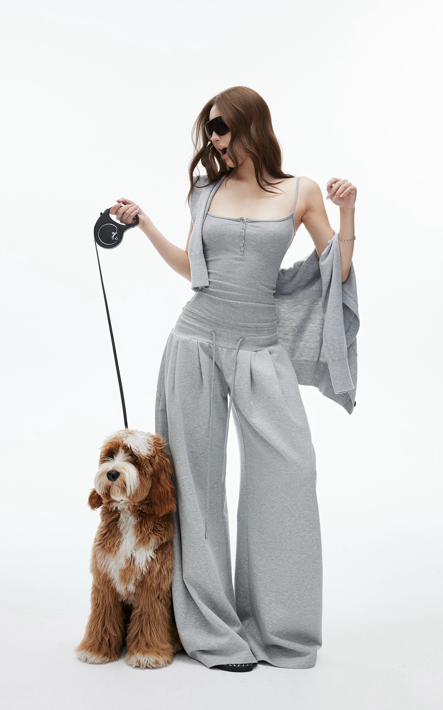 IAMXIAA ローライズドローストリングワイドレッグパンツ