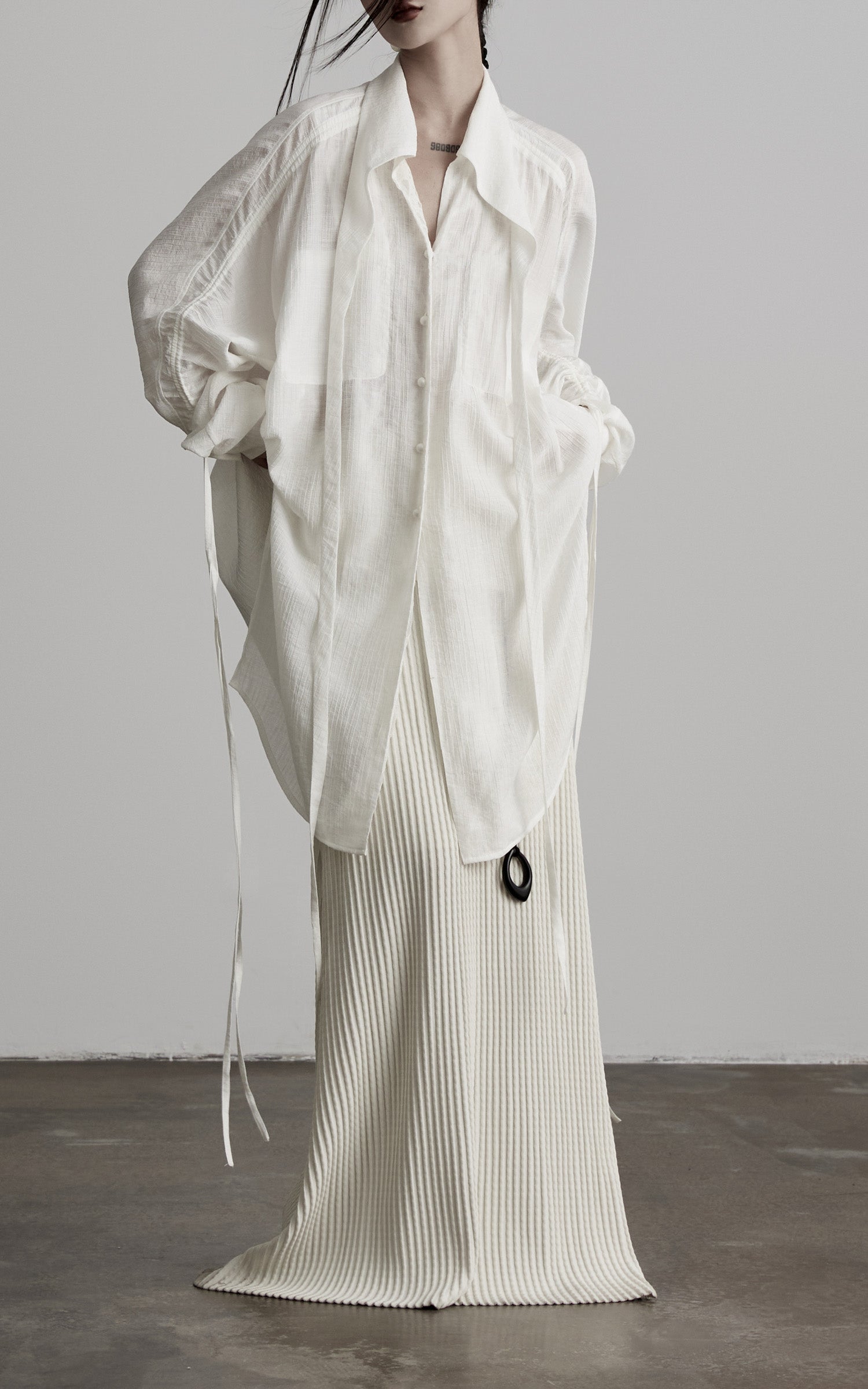 DOINDULGE Draped Batwing Sleeve Drawstring Shirt