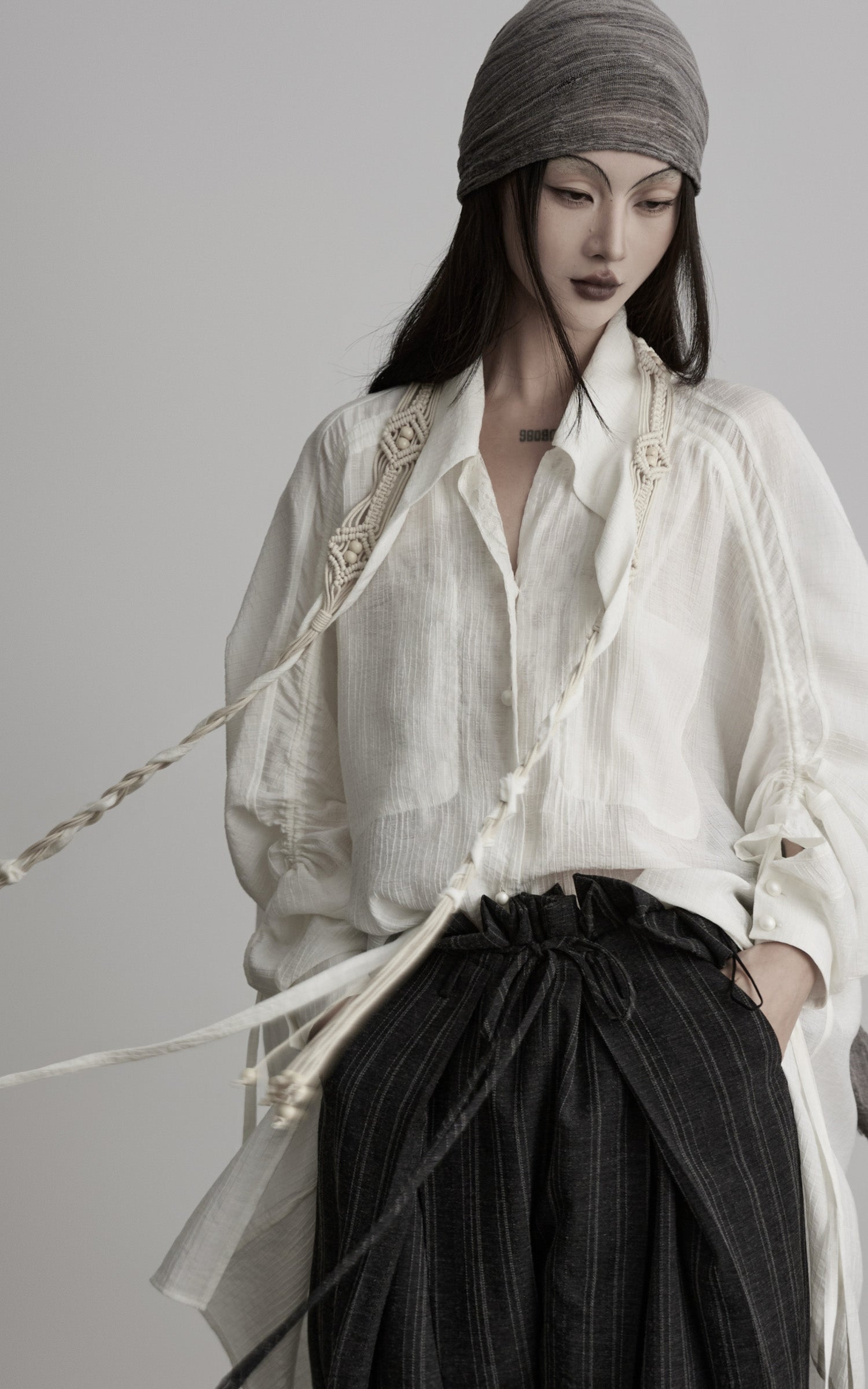 DOINDULGE Draped Batwing Sleeve Drawstring Shirt