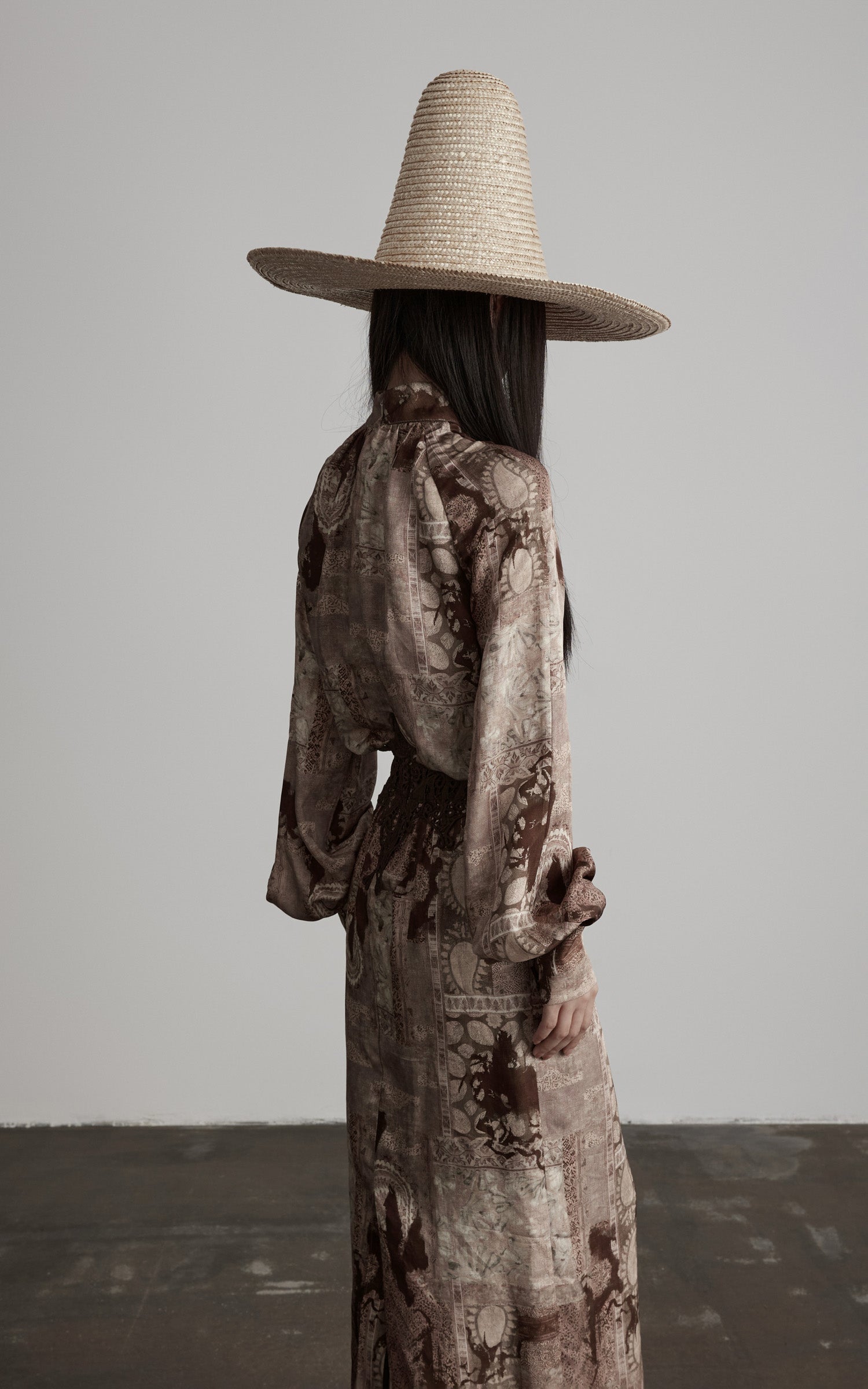 DOINDULGE Distressed Archive Print High Neck Long Sleeve Dress with Lace Waist Structure
