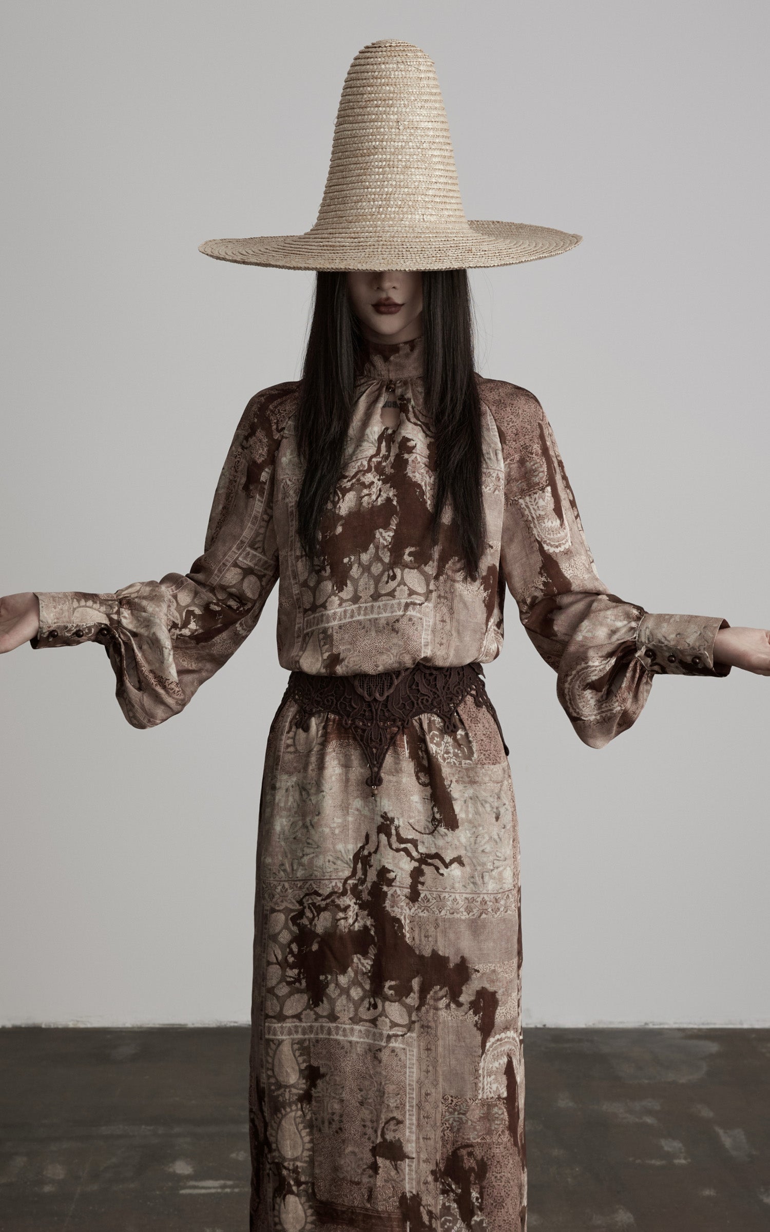 DOINDULGE Distressed Archive Print High Neck Long Sleeve Dress with Lace Waist Structure
