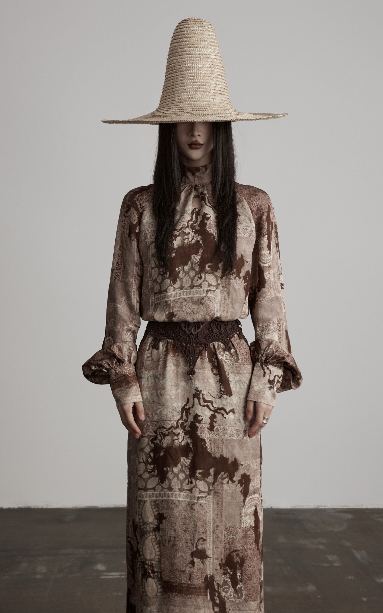 DOINDULGE Distressed Archive Print High Neck Long Sleeve Dress with Lace Waist Structure
