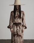 DOINDULGE Distressed Archive Print High Neck Long Sleeve Dress with Lace Waist Structure
