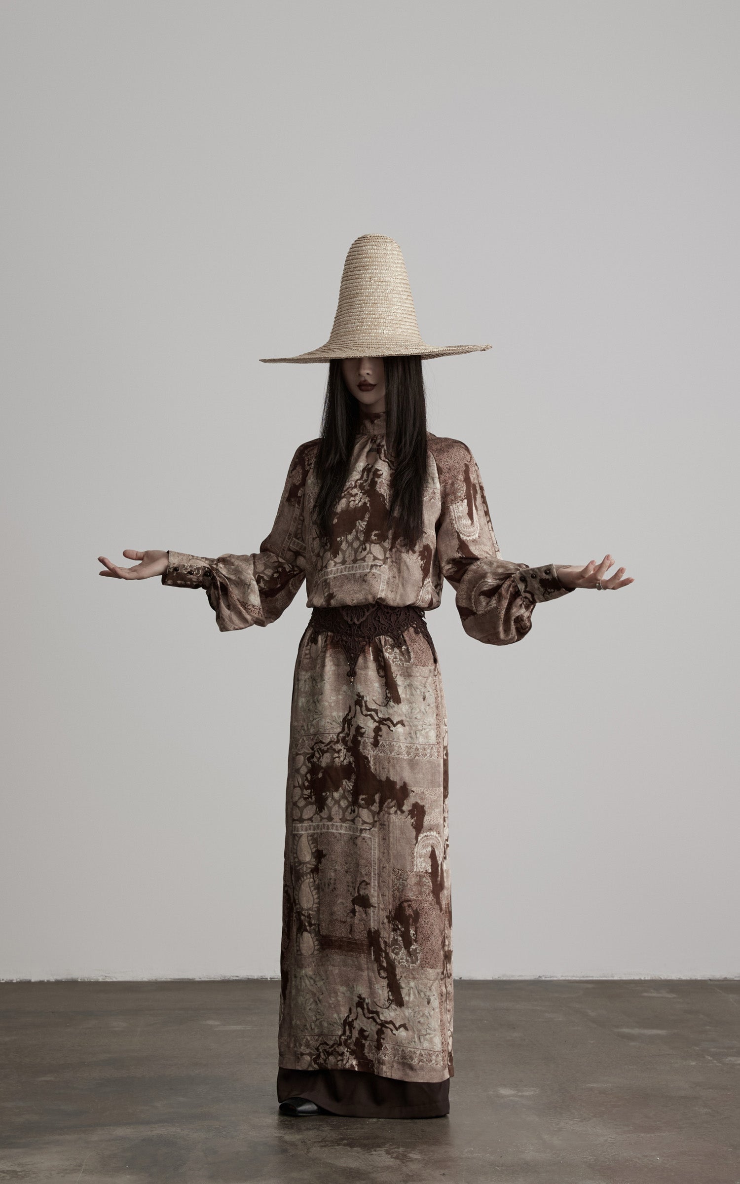 DOINDULGE Distressed Archive Print High Neck Long Sleeve Dress with Lace Waist Structure