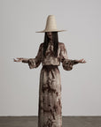 DOINDULGE Distressed Archive Print High Neck Long Sleeve Dress with Lace Waist Structure