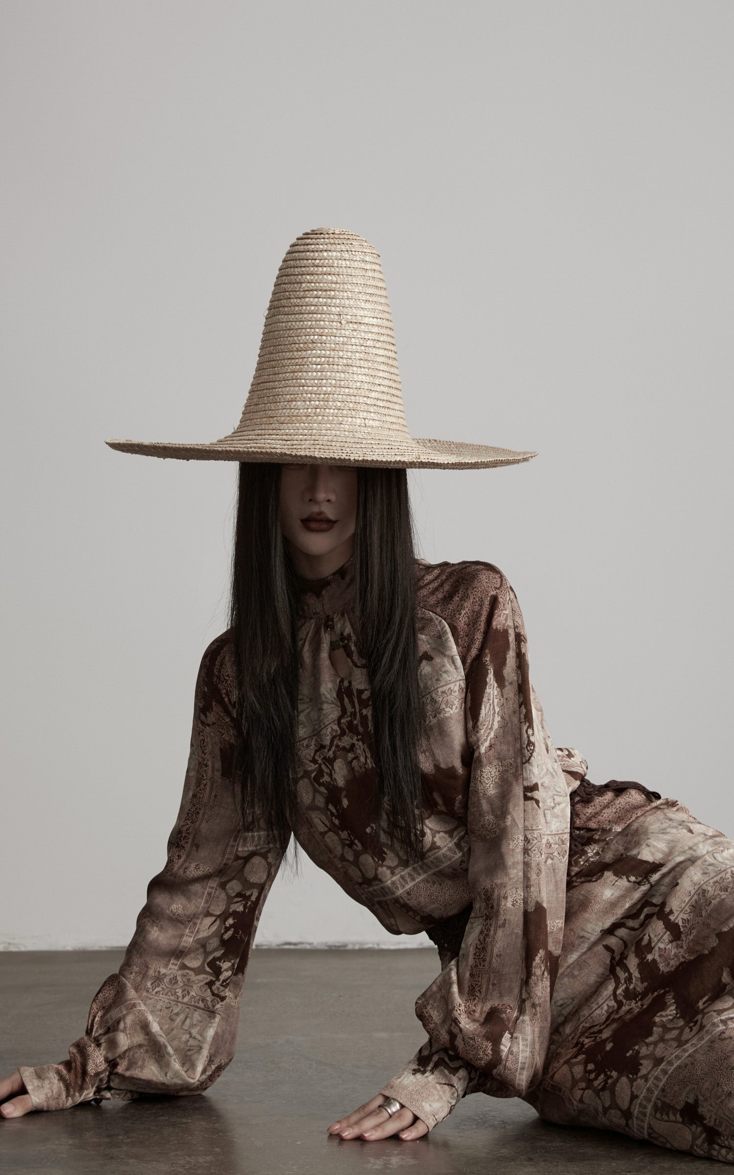DOINDULGE Distressed Archive Print High Neck Long Sleeve Dress with Lace Waist Structure