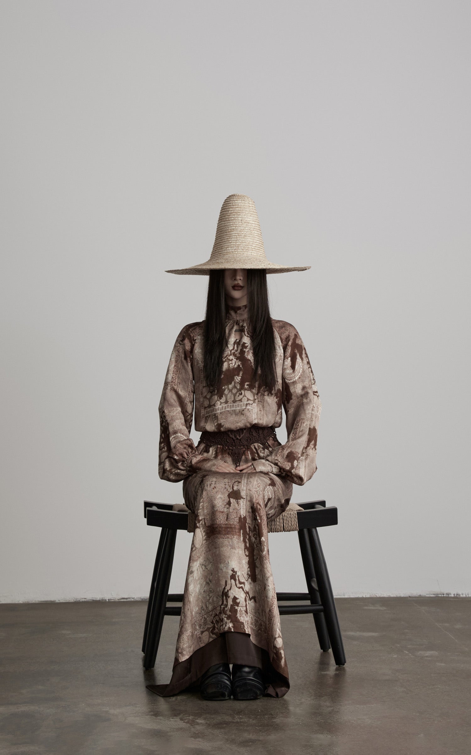 DOINDULGE Distressed Archive Print High Neck Long Sleeve Dress with Lace Waist Structure