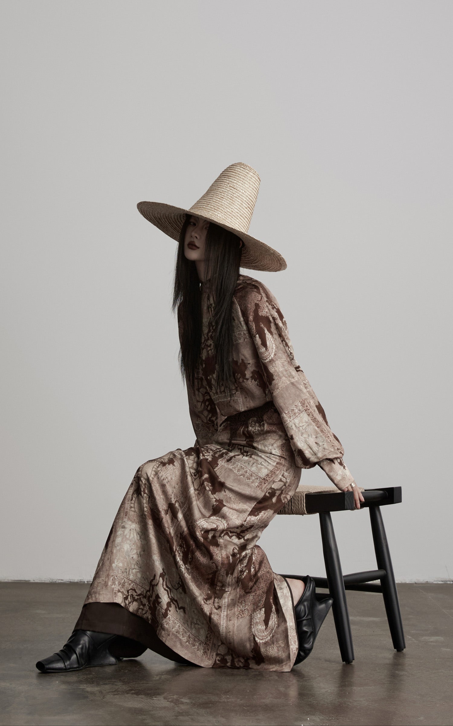 DOINDULGE Distressed Archive Print High Neck Long Sleeve Dress with Lace Waist Structure