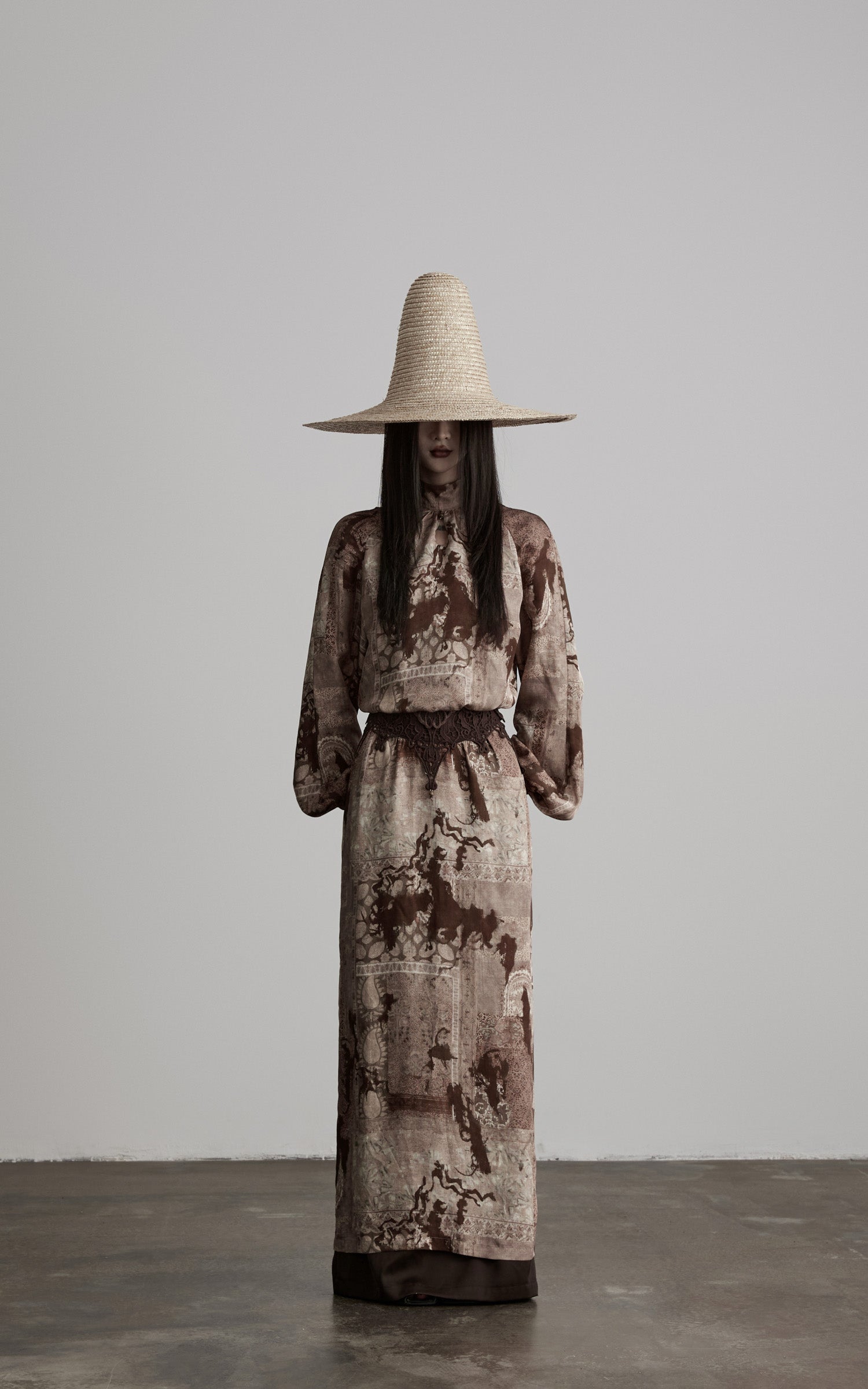 DOINDULGE Distressed Archive Print High Neck Long Sleeve Dress with Lace Waist Structure