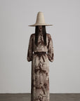 DOINDULGE Distressed Archive Print High Neck Long Sleeve Dress with Lace Waist Structure