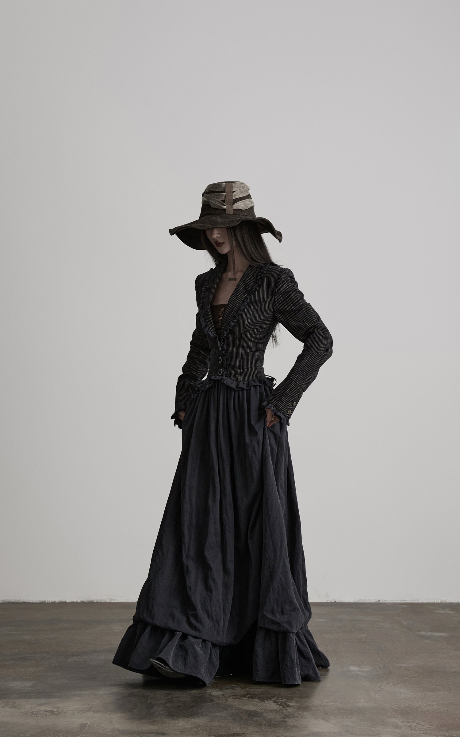 DOINDULGE Structured Pinstripe Tailored Gothic Maxi Dress