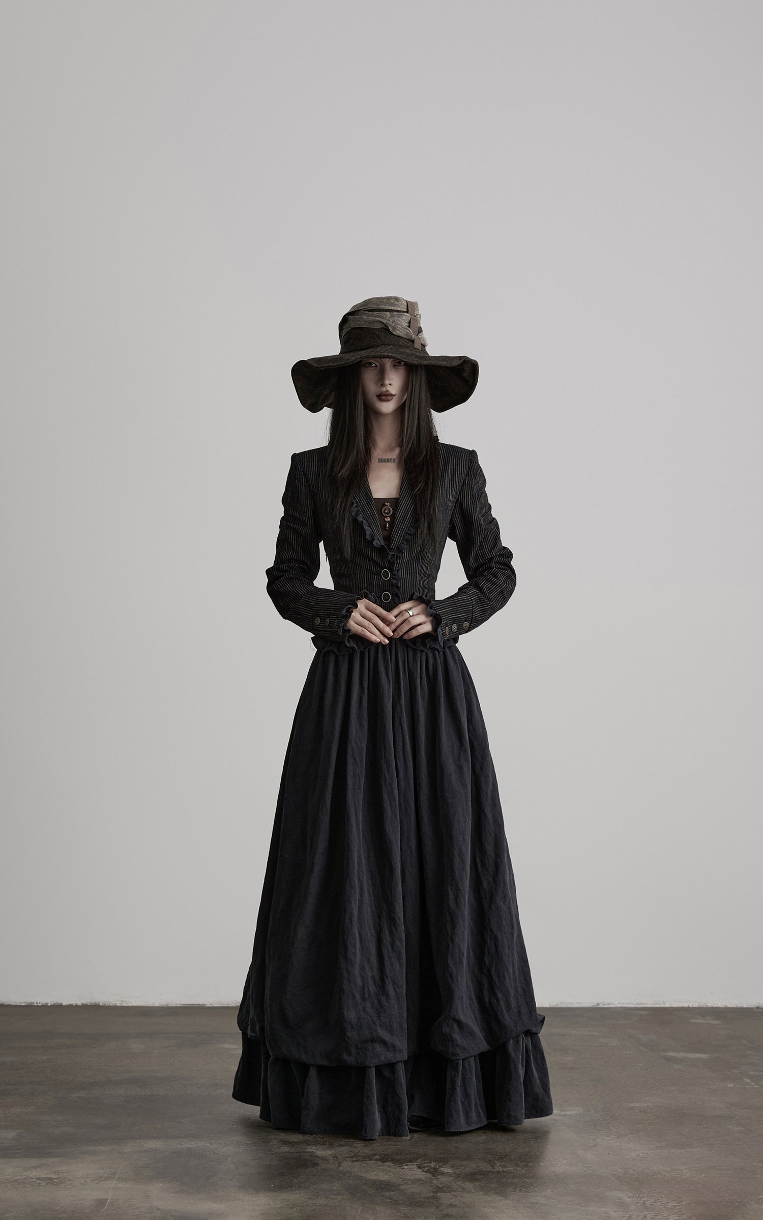 DOINDULGE Structured Pinstripe Tailored Gothic Maxi Dress