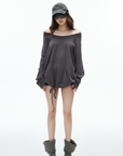 IAMXIAA Off-Shoulder Drawstring Hem Oversized Sweatshirt