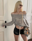 Rase le sol Asymmetric Striped Off-Shoulder Long Sleeve Top