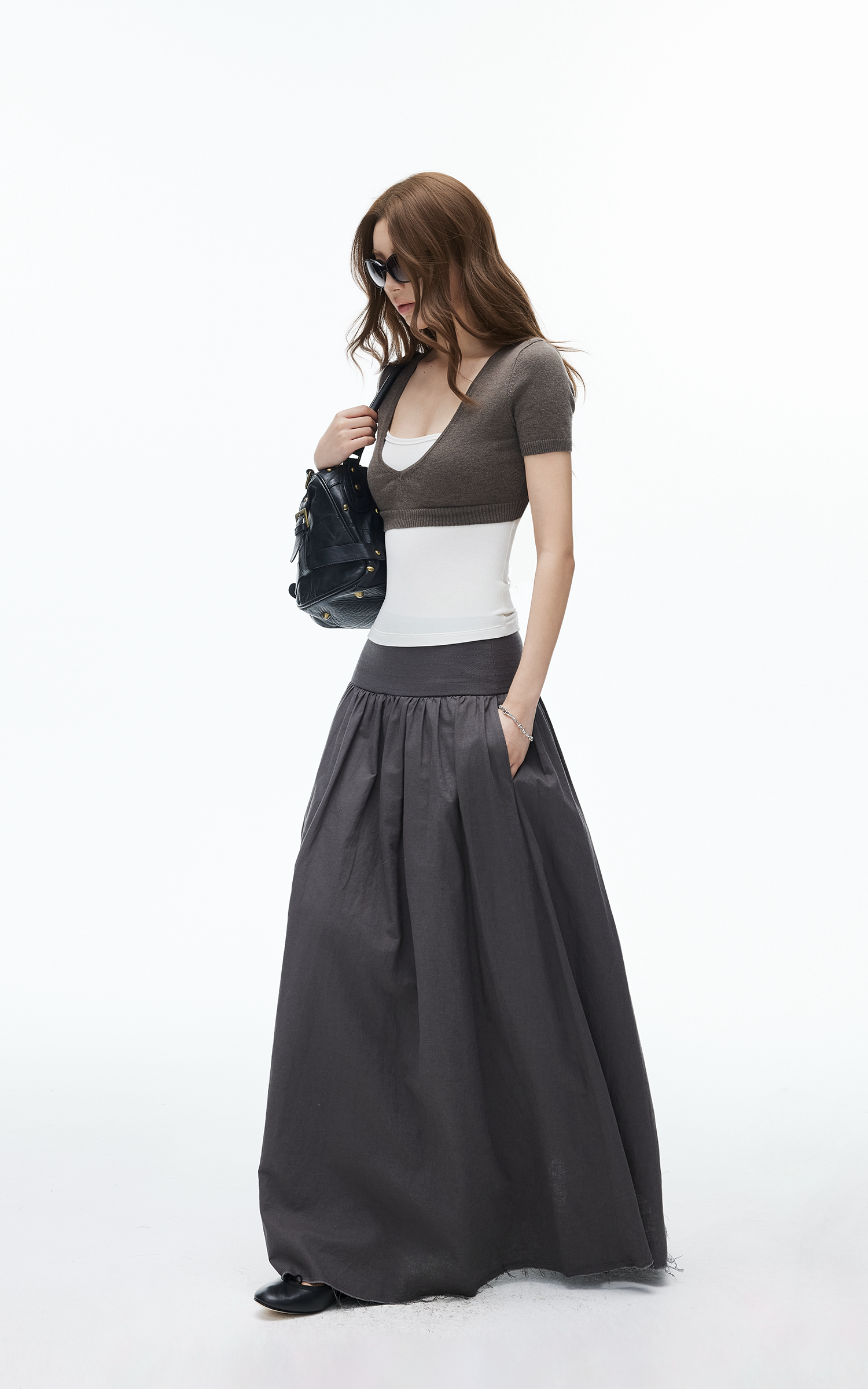IAMXIAA High-Rise Gathered Maxi Skirt with Raw Hem Detail