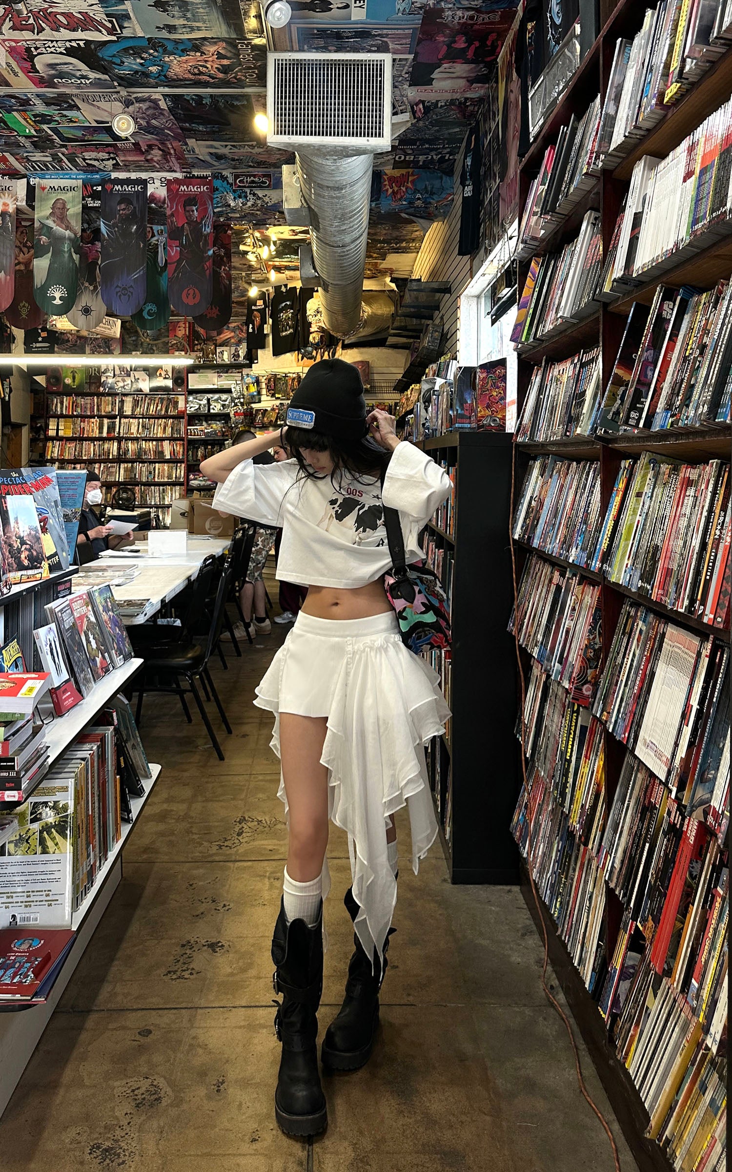 WARDEN EDGE Asymmetric Layered Ruffle Skirt with Draped Chiffon Panels