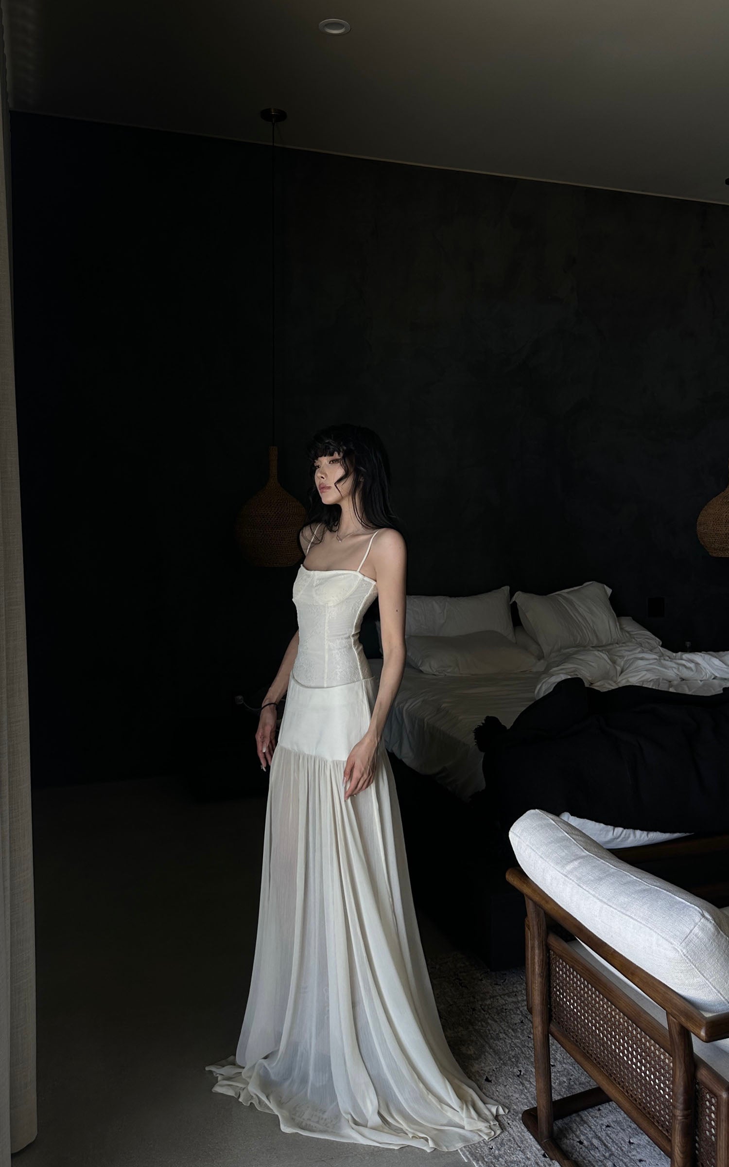 WARDEN EDGE Structured Lace Corset Maxi Dress with Sheer Draped Hem &amp; Lace-Up Back Detail