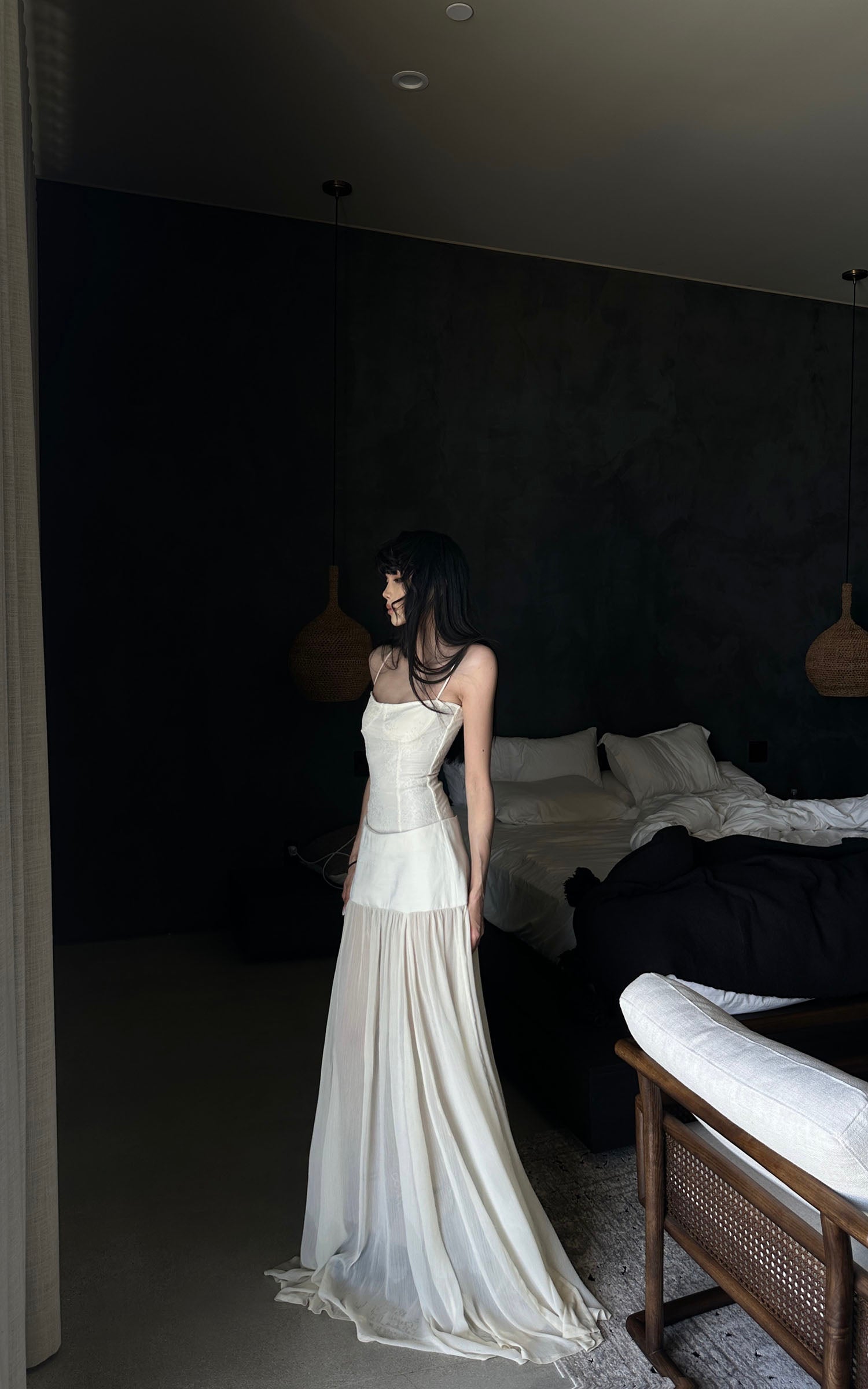 WARDEN EDGE Structured Lace Corset Maxi Dress with Sheer Draped Hem &amp; Lace-Up Back Detail