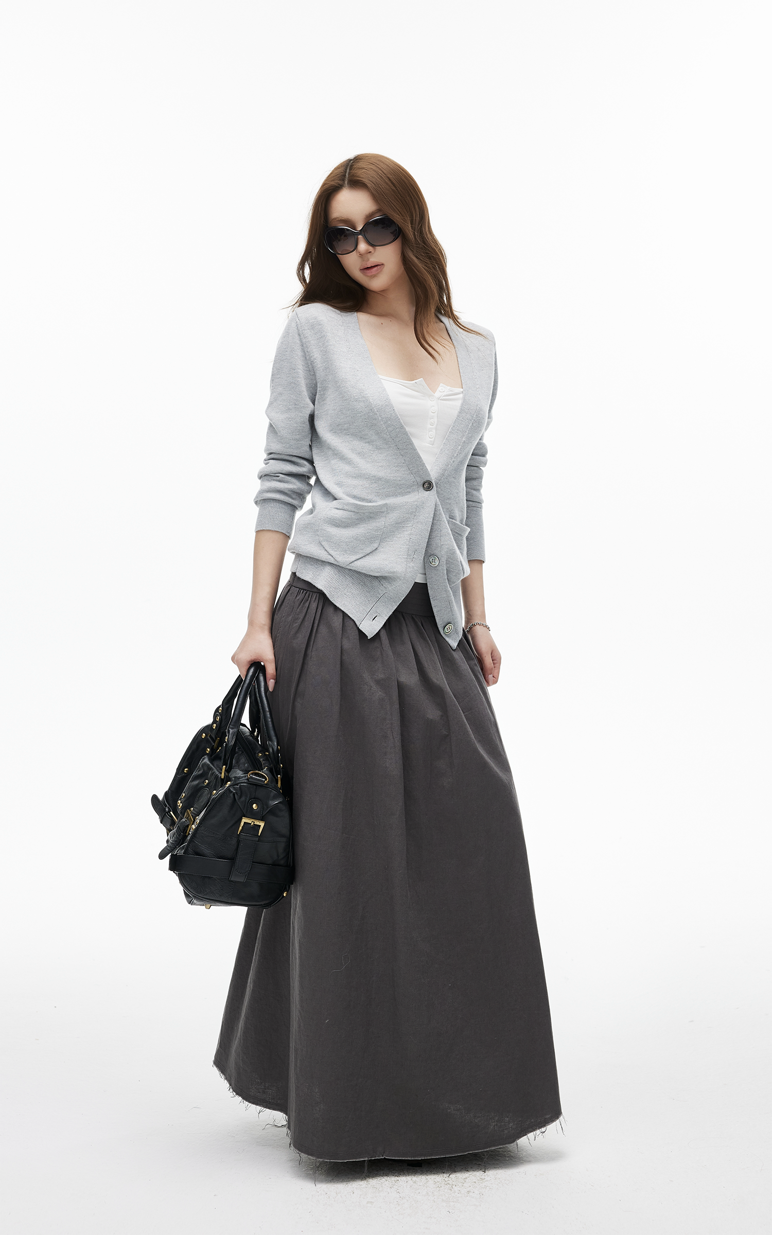 IAMXIAA High-Rise Gathered Maxi Skirt with Raw Hem Detail