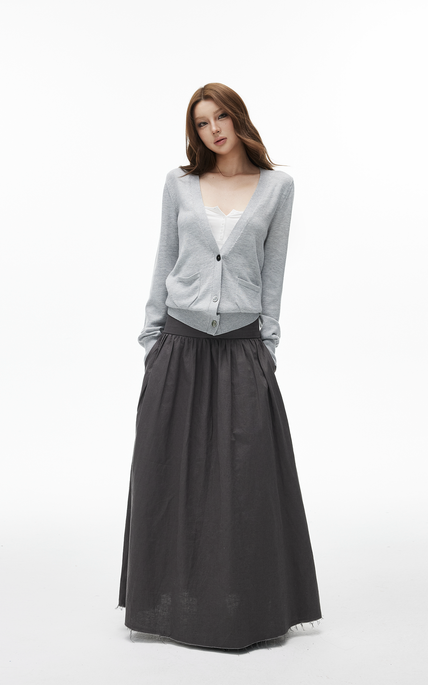 IAMXIAA High-Rise Gathered Maxi Skirt with Raw Hem Detail