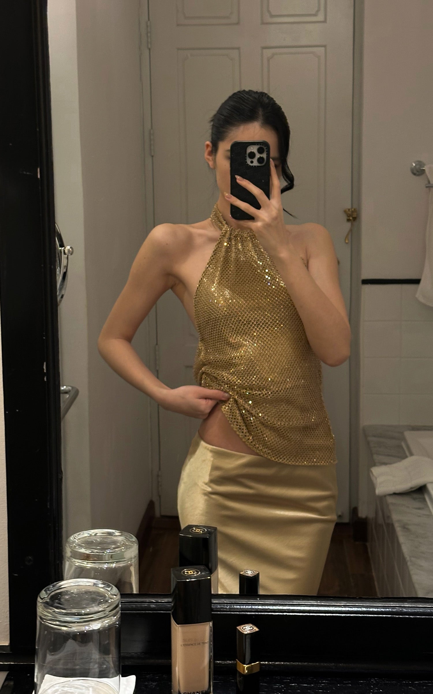 ROVENTE Metallic Mesh Halter Top