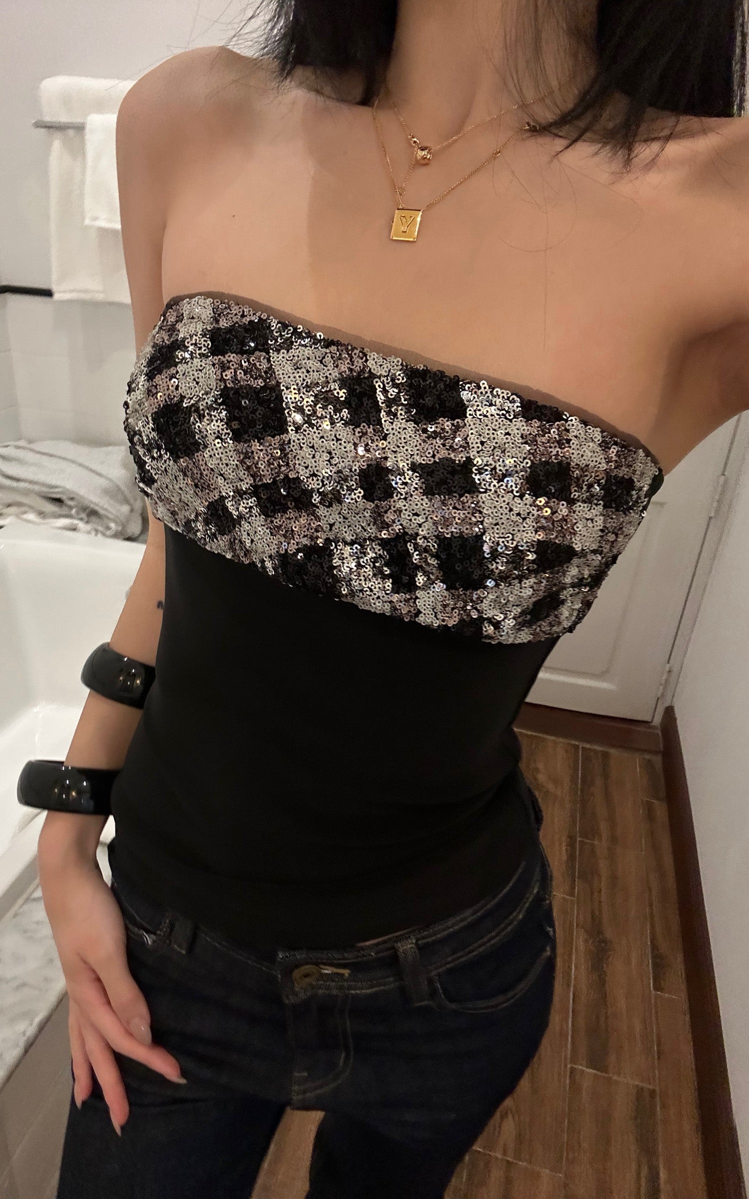 ROVENTE Sequin Panel Strapless Tube Top