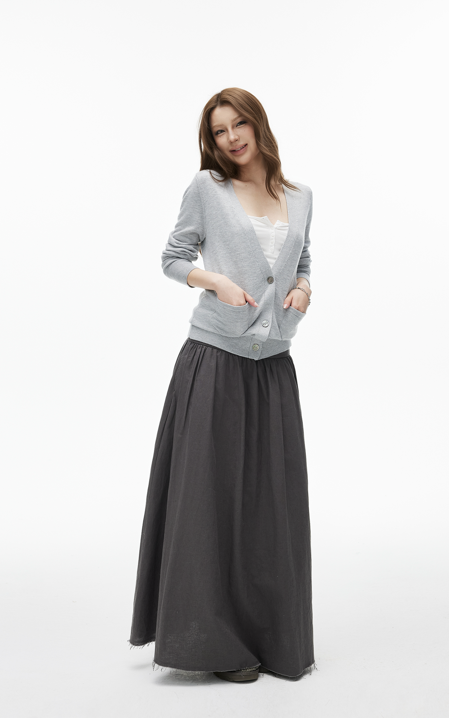 IAMXIAA High-Rise Gathered Maxi Skirt with Raw Hem Detail