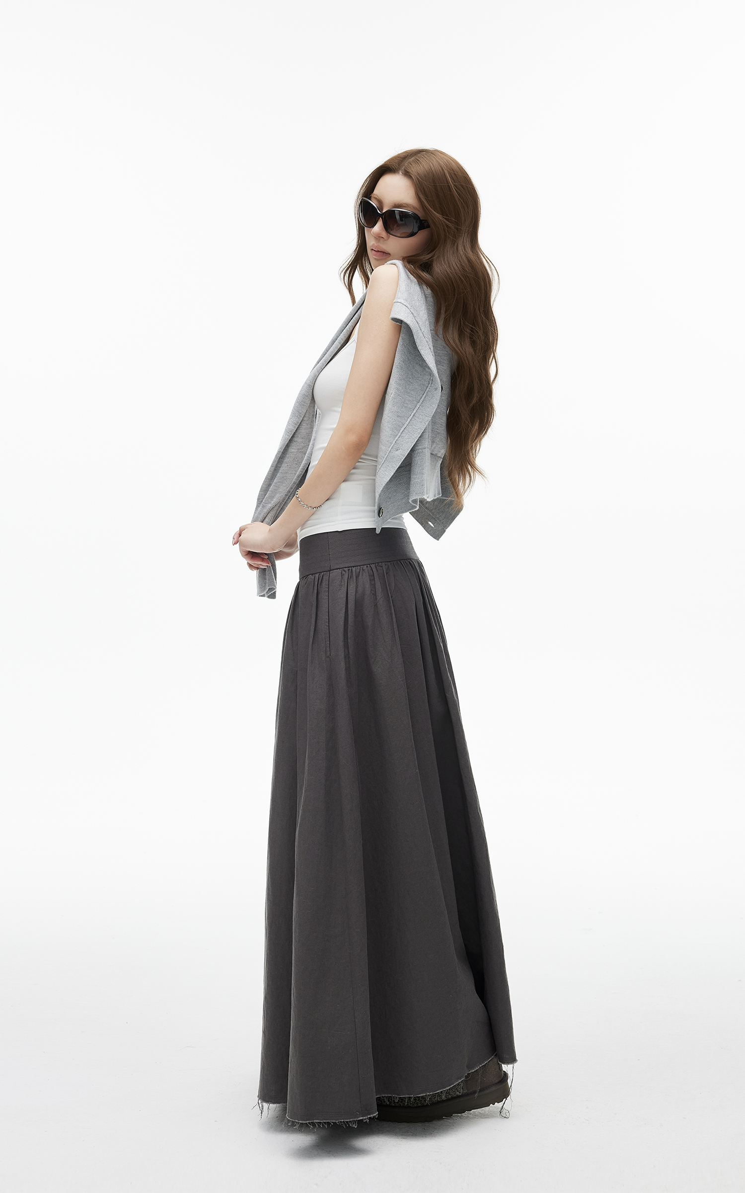 IAMXIAA High-Rise Gathered Maxi Skirt with Raw Hem Detail
