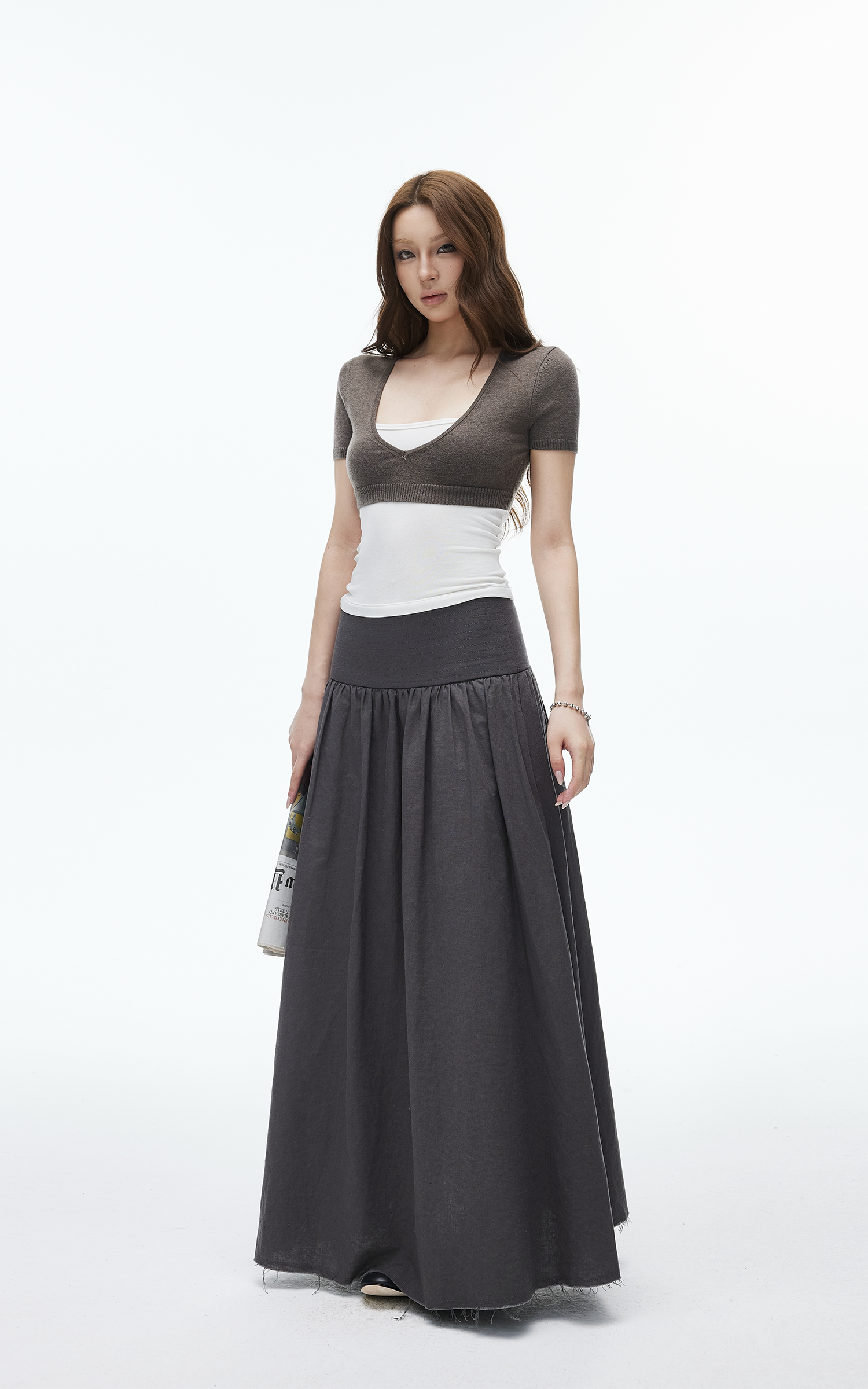 IAMXIAA High-Rise Gathered Maxi Skirt with Raw Hem Detail