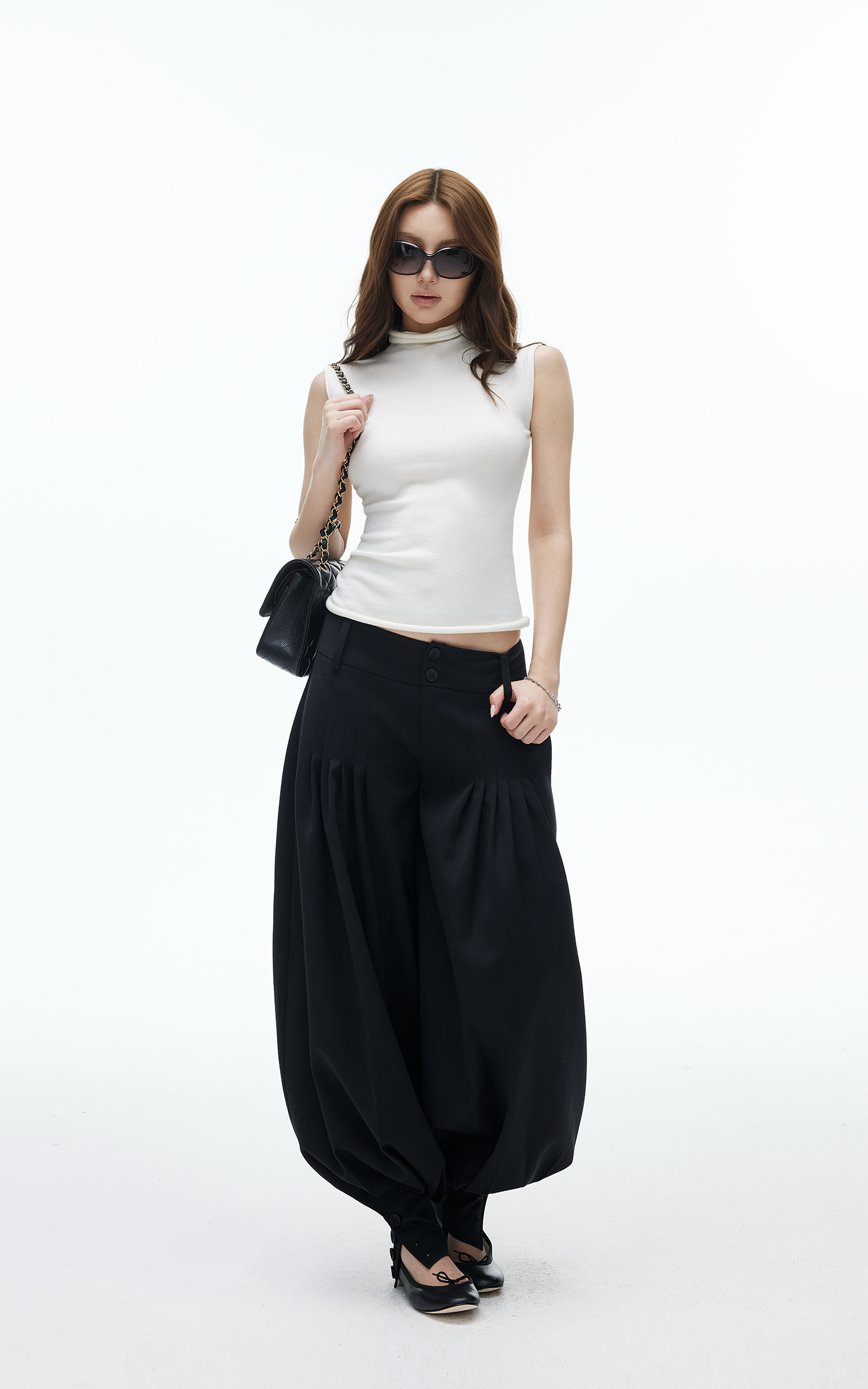 IAMXIAA Pantalon Bouffant Plissé Taille Haute