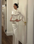 ROVENTE Draped Satin Asymmetric Sleeve T-Shirt