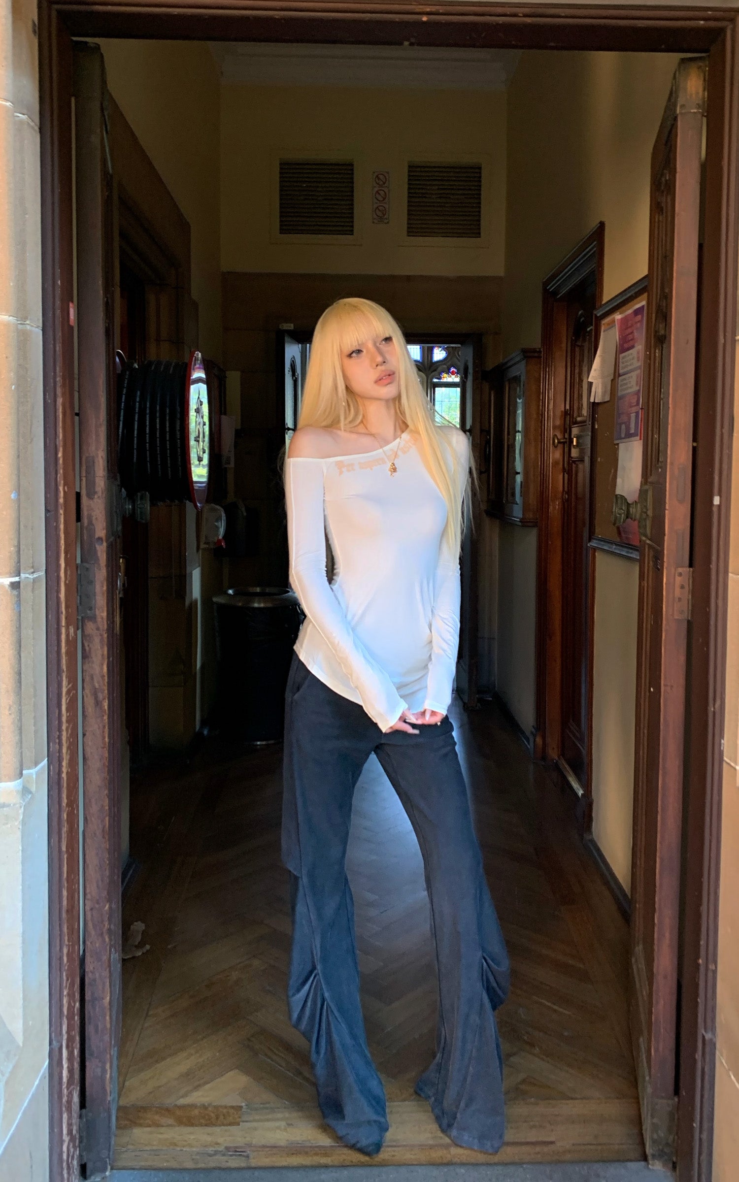 Rase le sol Asymmetric Off-Shoulder Ruched Long Sleeve Top